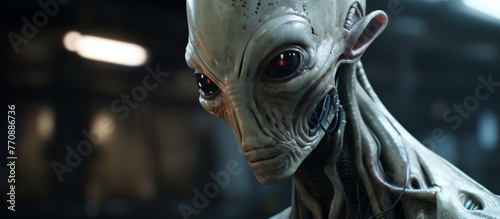 A closeup of a fictional aliens alien face with an electric blue snout and jaw in a dark room, resembling a terrestrial animal from a scifi event