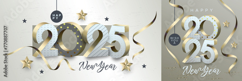 Happy new year 2025 greeting card design concept with 3D number and ribbon