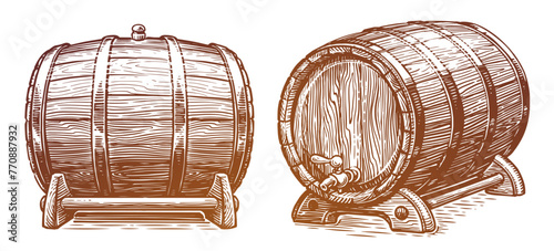 Wooden barrel. Oak cask sketch engraving style. Hand drawn vintage vector illustration photo