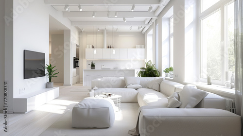 Bright, open-plan living space with a clean white palette, integrating the living area and kitchen for a fluid modern lifestyle