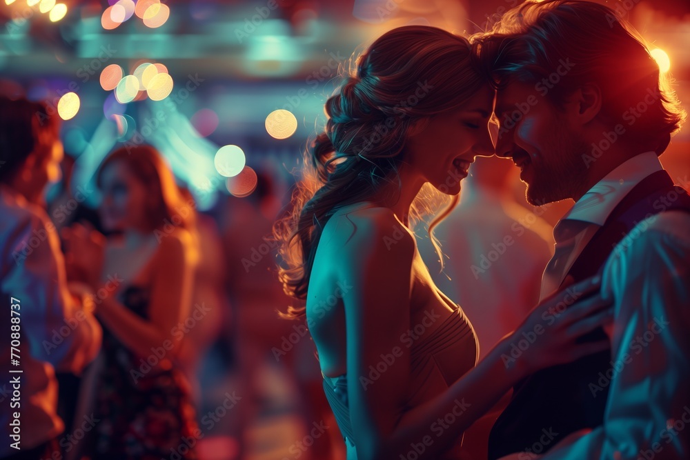Romantic, lovely affectionate couple embracing and dancing a slow dance at a ball or prom, with other couples dancing in the background. Romantic, lovely affectionate couple embracing and dancing a slow dance at a ball or prom, with other couples dancing in the background.