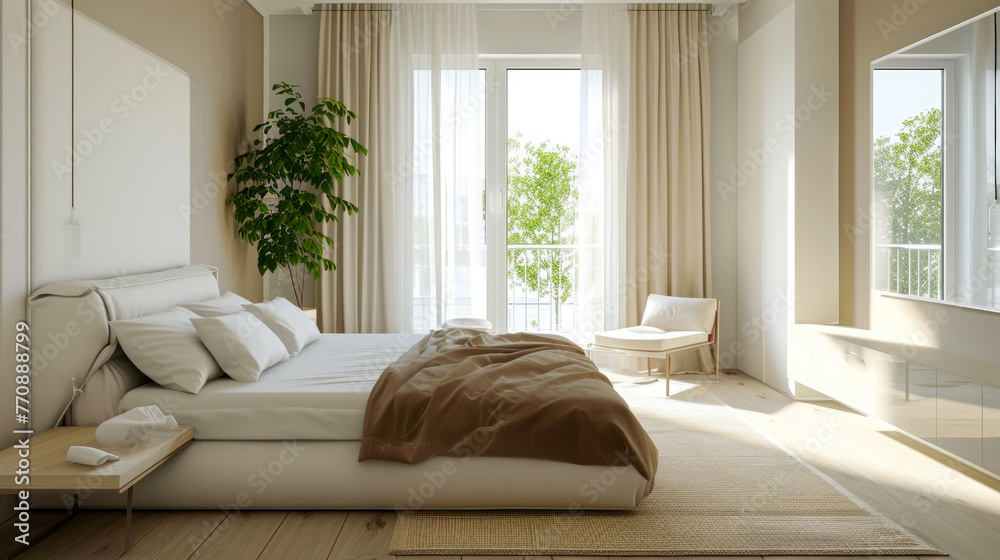 Fototapeta premium Airy bedroom with natural textures and soft earth tones, blending comfort with modern aesthetics for a tranquil space. Minimalism bright bedroom interior