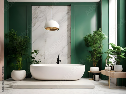 Stylish and creative minimalistic small bathroom interior design with marble walls with green panels  plants and beautiful bathroom accessories. Minimalistic home concept..