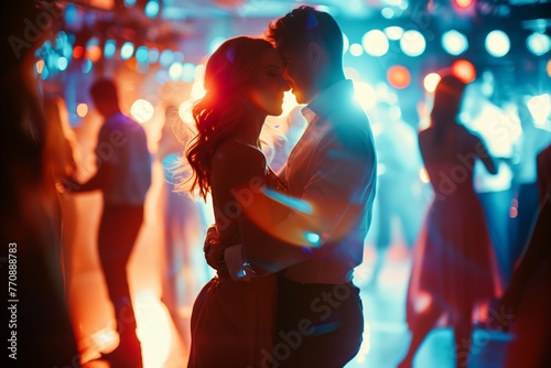 Romantic, lovely affectionate couple embracing and dancing a slow dance at a ball or prom, with other couples dancing in the background.
