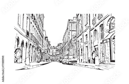 Print Building view with landmark of Rennes is the City in France. Hand drawn sketch illustration in vector.