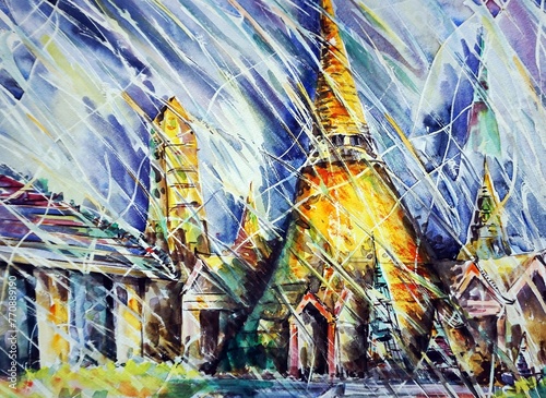 Original watercolor painting Abstract expressionism background for design thai temple