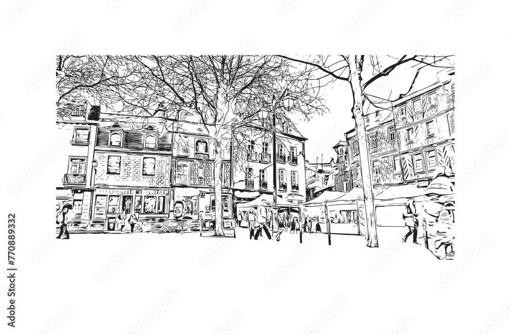 Print Building view with landmark of Rennes is the
City in France. Hand drawn sketch illustration in vector.