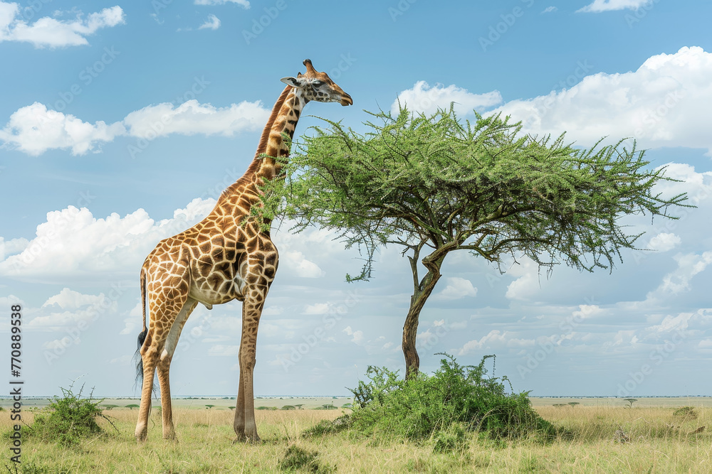 Obraz premium A giraffe is standing in front of a tree in a grassy field