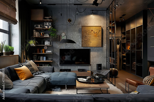 Urban loft with an industrial chic aesthetic, presenting modular sofa, exposed concrete walls, contrasting mix of wood and metal elements. open-plan design features smartly arranged living space  photo