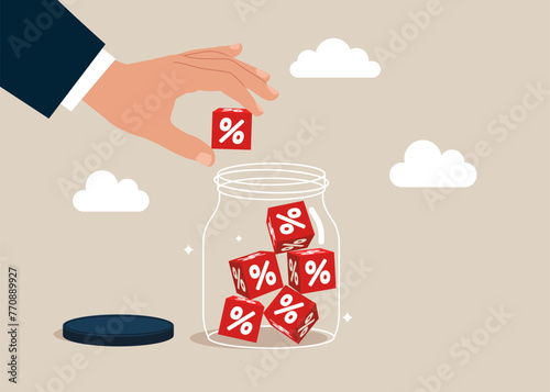 Collect cube block with percentage icon into Huge Glass Jar. Interest, financial and mortgage rates. Vector illustration.