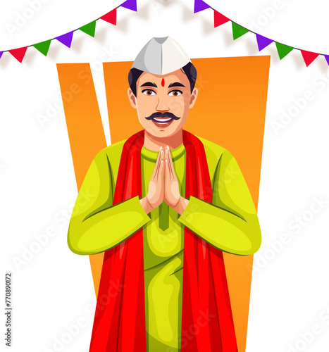 Smiling Marathi Indian man greeting, standing in a greeting pose to Namaste hands, isolated on white background, a man wearing kurta dhoti. Avatar Vector illustration. Tradition and Fashion of India