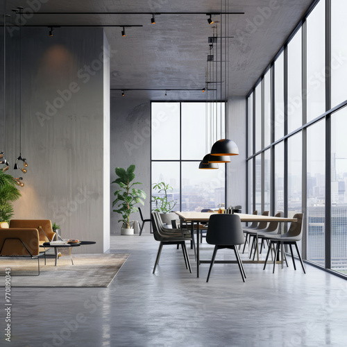 Modern dining area with stylish furnishings and panoramic city views, ideal for urban living and social gatherings. Modern coworking office interior