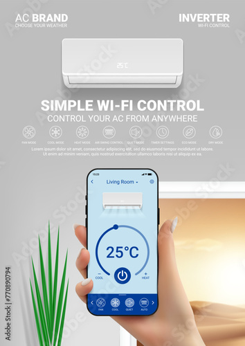 Ad flyer of air conditioner. Concept of ac with wi-fi remote control. Vector illustration with air conditioner on wall and woman's hand holding phone with app for remote control of air conditioner.