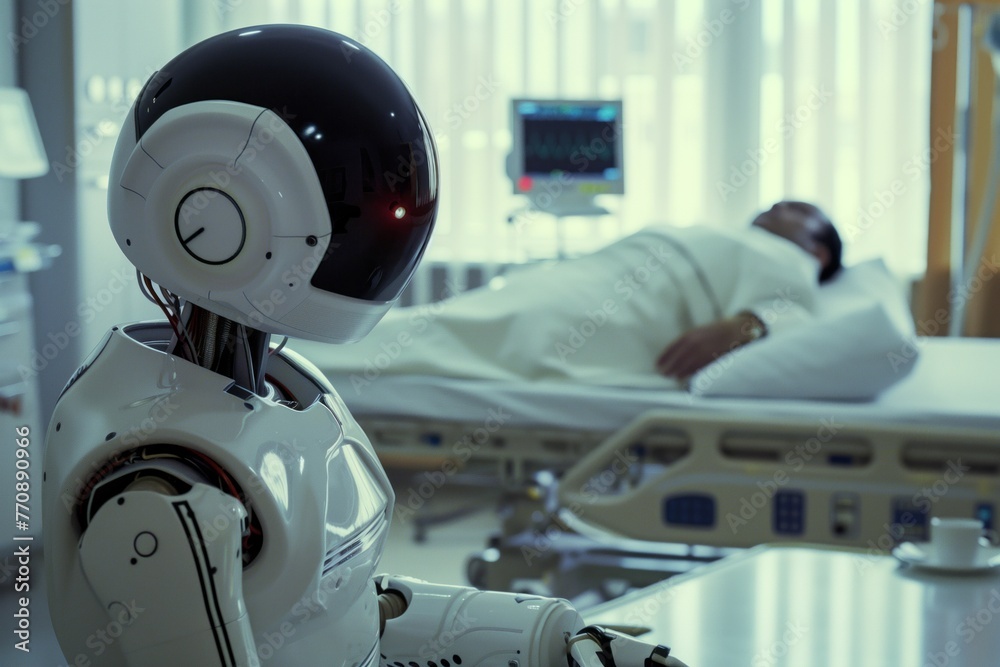 Android robot in white doctor's coat is depicted in a hospital setting, representing the concept of artificial intelligence AI in medicine and robotic healthcare. Android robot in white doctor's coat is depicted in a hospital setting, representing the concept of artificial intelligence AI in medicine and robotic healthcare.