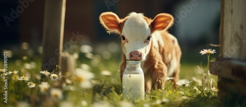A baby calf is peacefully drinking milk from a bottle in a natural grassy field  surrounded by the serene landscape of a pasture