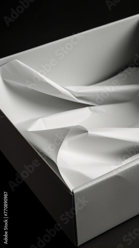 Opened gray cardboard box with crumpled white tissue paper inside on black background, closeup.