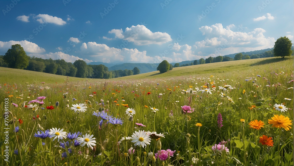 A field of flowers with a hill in the background


