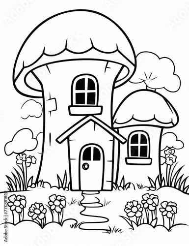 house coloring pages for kids, nature inspired, aesthetic, cottages, trees , flowers,  kids activity sheets