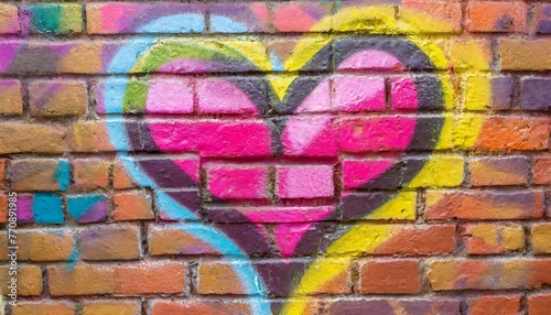  Colorful graffiti heart on the brick wall as a love symbol