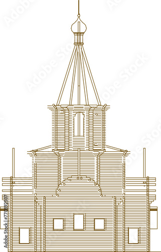 Sketch vector illustration of sacred wooden church architectural design in the middle of forest