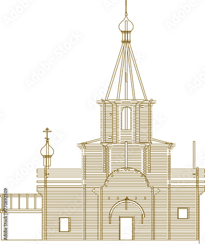 Sketch vector illustration of sacred wooden church architectural design in the middle of forest 