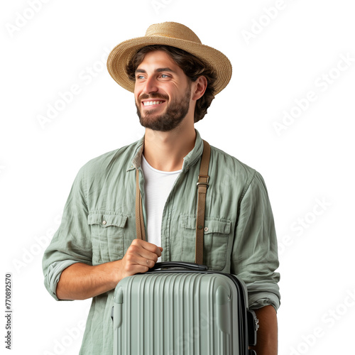 Happy young traveler with a suitcase on a white background