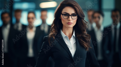 Photo of a business woman with dark hair wearing glasses in a dark jacket and a light shirt, with employees standing in the background