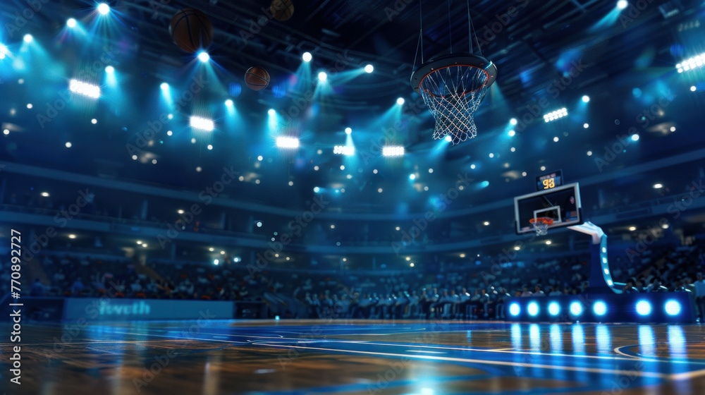 A basketball game in an arena with bright lights and a full crowd watching, dark  and blue lighting - obrazy, fototapety, plakaty 