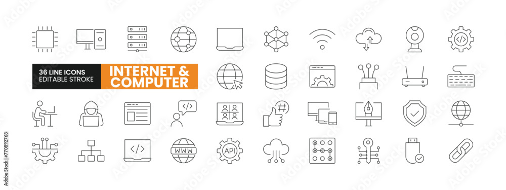 Set of 36 Internet and Computer line icons set. Internet and Computer outline icons with editable stroke collection. Includes Computer, Website, WiFi, Cloud Computing, Hardware, and More.