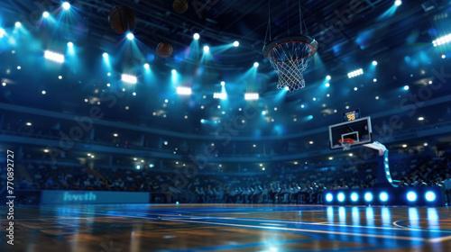 A basketball game in an arena with bright lights and a full crowd watching, dark  and blue lighting photo
