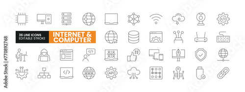 Set of 36 Internet and Computer line icons set. Internet and Computer outline icons with editable stroke collection. Includes Computer, Website, WiFi, Cloud Computing, Hardware, and More.