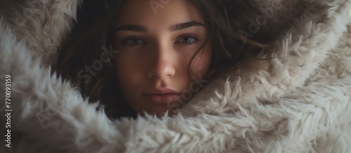 A photo caption of a womans face close up, wrapped in a luxurious fur blanket. Details of her nose, eyelashes, jaw, and whiskers can be seen in the darkness, capturing a moment of fun and warmth