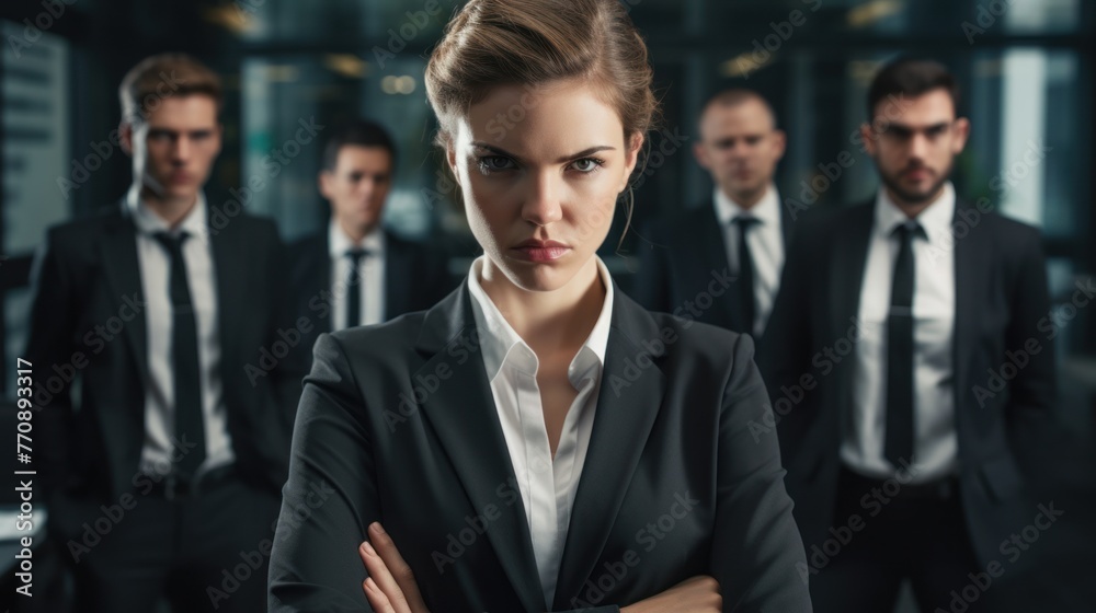 Dedicated young woman boss in strict suit drives team to achieve goals, while team stands in background. Dedicated young woman boss in strict suit drives team to achieve goals, while team stands in background.