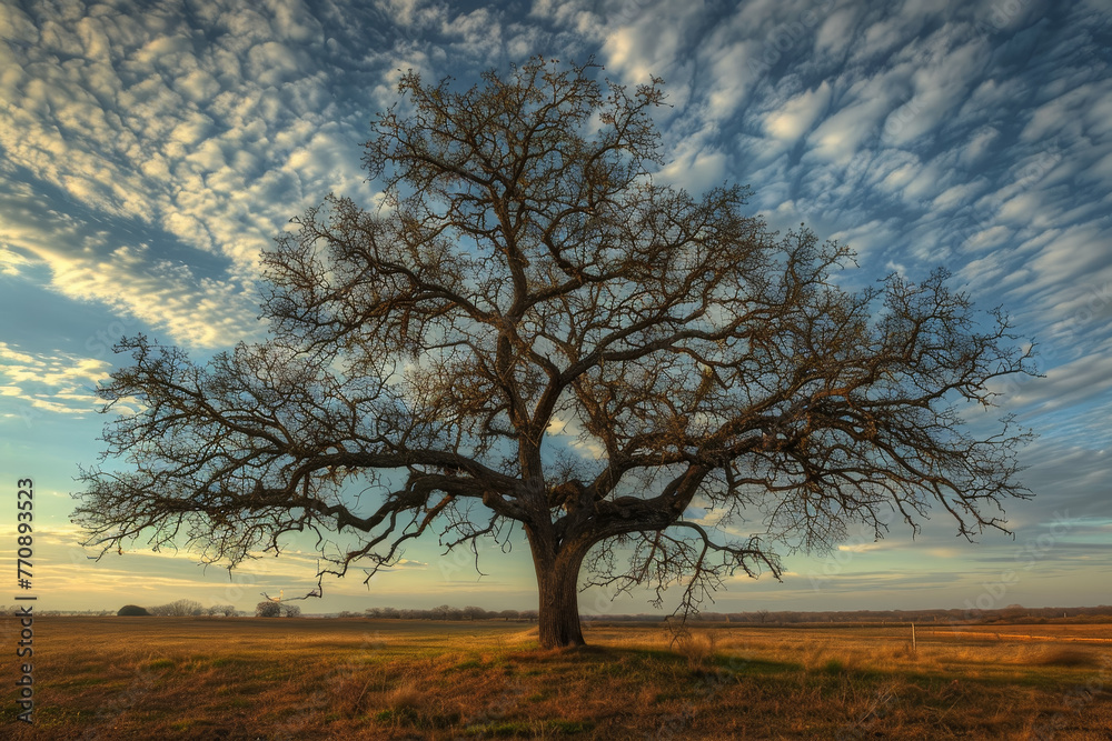 A large tree stands in a field with a cloudy sky in the background