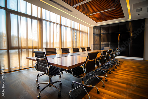 Modern conference room with large wooden table and leather chairs, floor-to-ceiling windows with sunlight, dark wall paneling. Interior design for corporate and business meetings photo