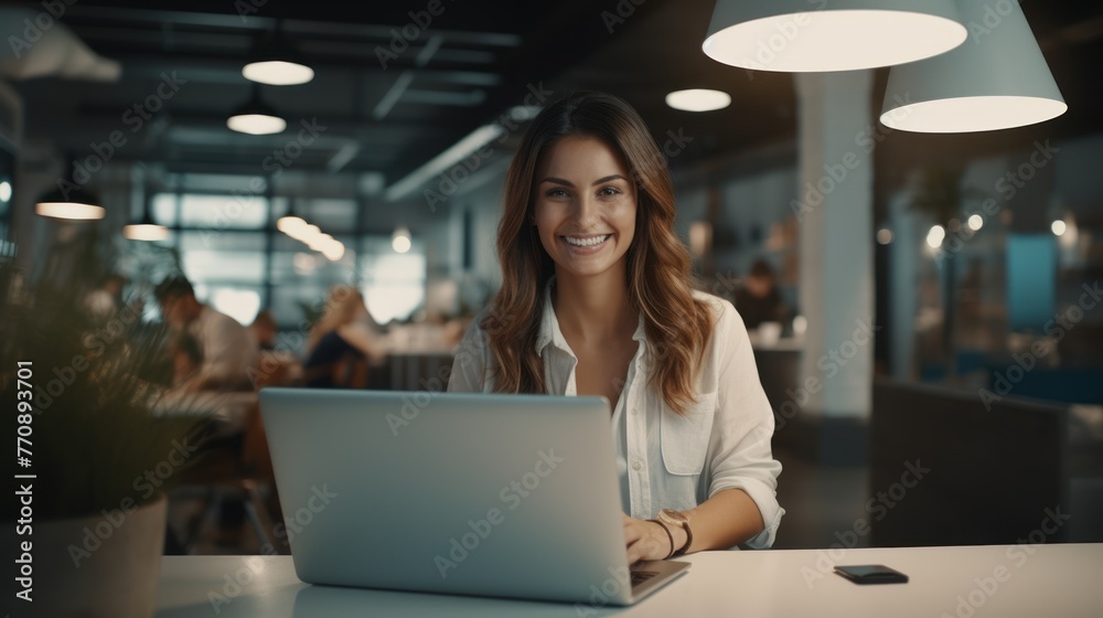 Beautiful young woman looking at her laptop screen and smiling. Beautiful young woman looking at her laptop screen and smiling.