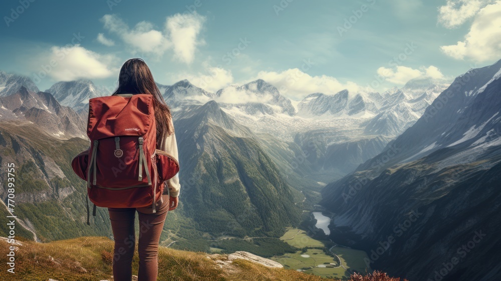 Female hiker with backpack looking out over mountain valley, view from back - obrazy, fototapety, plakaty 