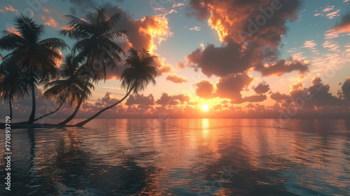 tropical beach sunset with palm trees, summer vibes