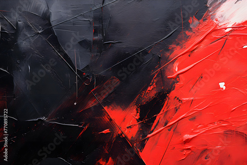 Red and black paint in an abstract painting wall, splash, modern art,acrylic paint, modern art, background, copy space, backdrop, fill, texture, close up © Acconite