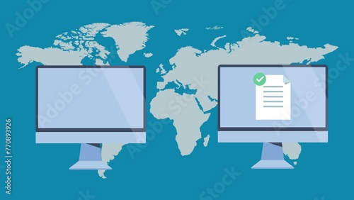 Files Transfer Success between Two computer around the world. With Checkmark as sign of documents transfered successfully  photo