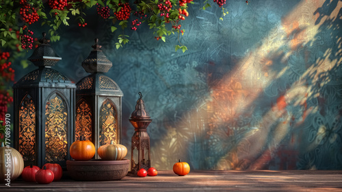 Eid el Feter decoration, vintage autumn lanterns with pumpkins and berries photo