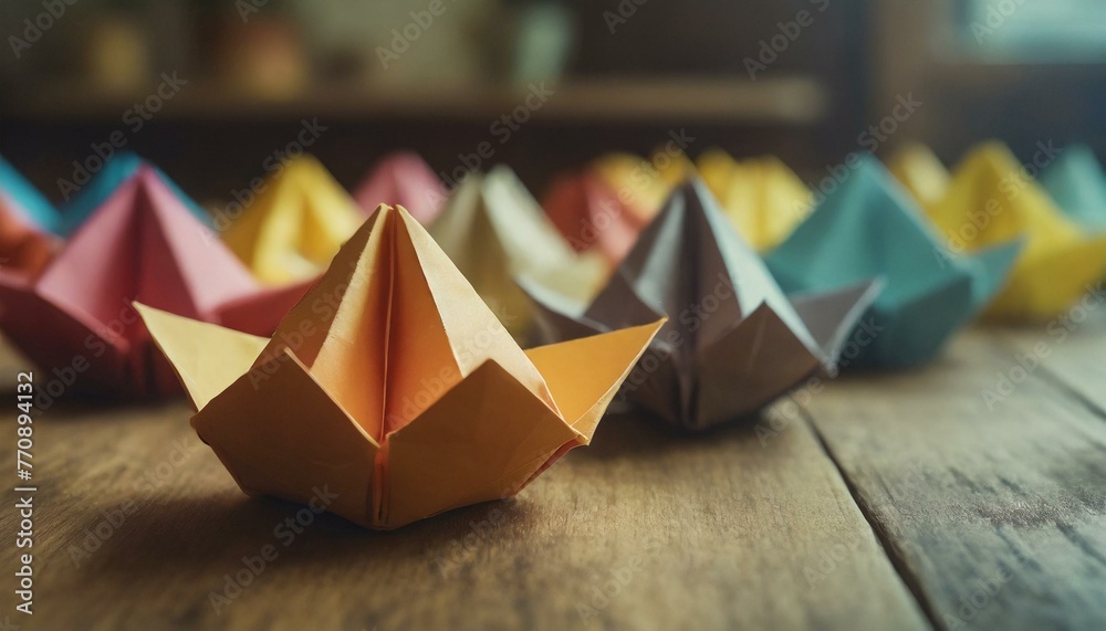  colorful paper origami on wooden table 