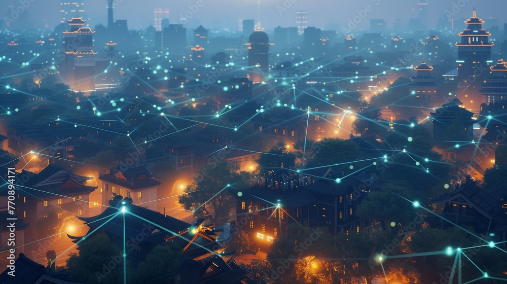 Urban Network Integration: A Majestic Evening City with Vibrant Network Pathways Illuminating the Skyline.