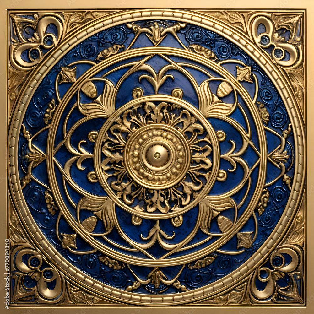 3D render of a golden ornament on a blue background with copy space