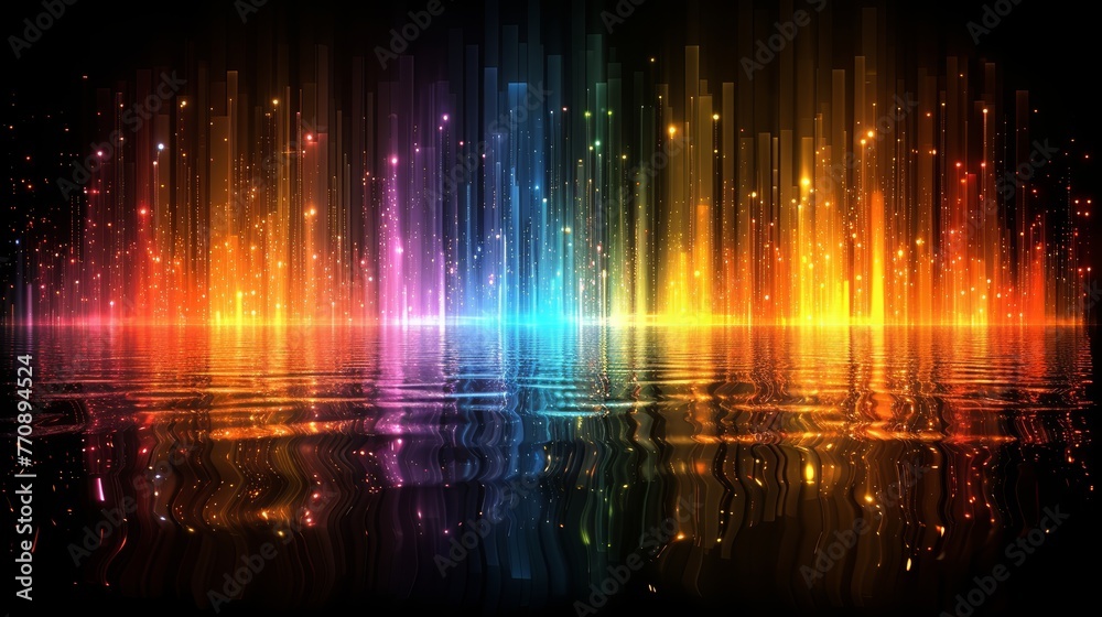 Naklejka premium A vibrant backdrop depicted in an image, mirrored in the still water below, with lights casting reflections on the water's surface