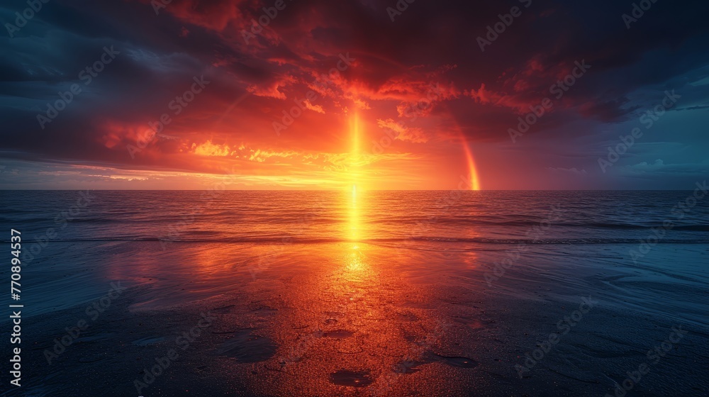   A sunset over a tranquil body of water, featuring a radiant orange sun hovering near the horizon's edge, and a distinct line of footprints imprinted in the