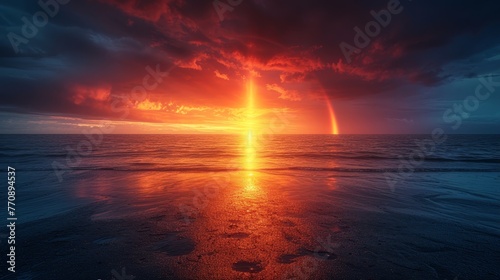   A sunset over a tranquil body of water, featuring a radiant orange sun hovering near the horizon's edge, and a distinct line of footprints imprinted in the photo