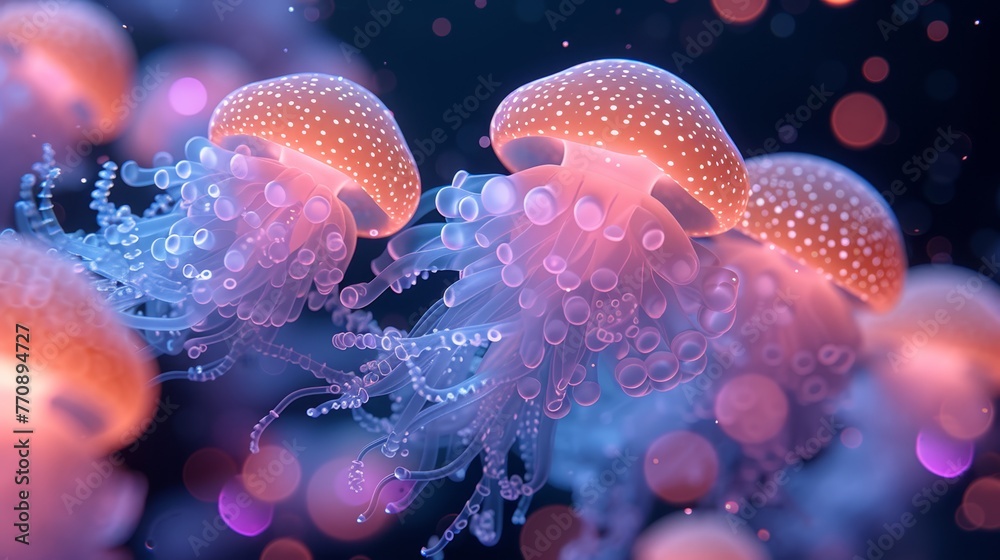 Obraz premium A group of jellyfish hover above a blue-pink sea anemone through a microscope lens
