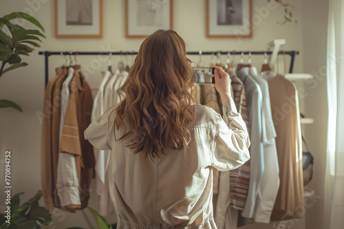 Woman takes pictures of clothes in her wardrobe for sale. Selling stuff or cloth online concept. photo