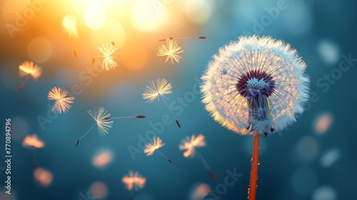   A dandelion bobbing in the wind  sun shining behind in soft focus  foreground slightly blurred